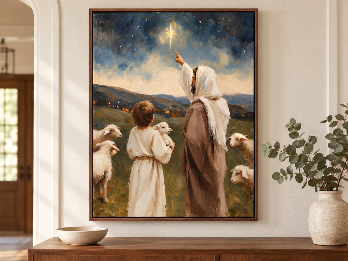 Look Toward the Light on canvas in a walnut floating frame above an entry console