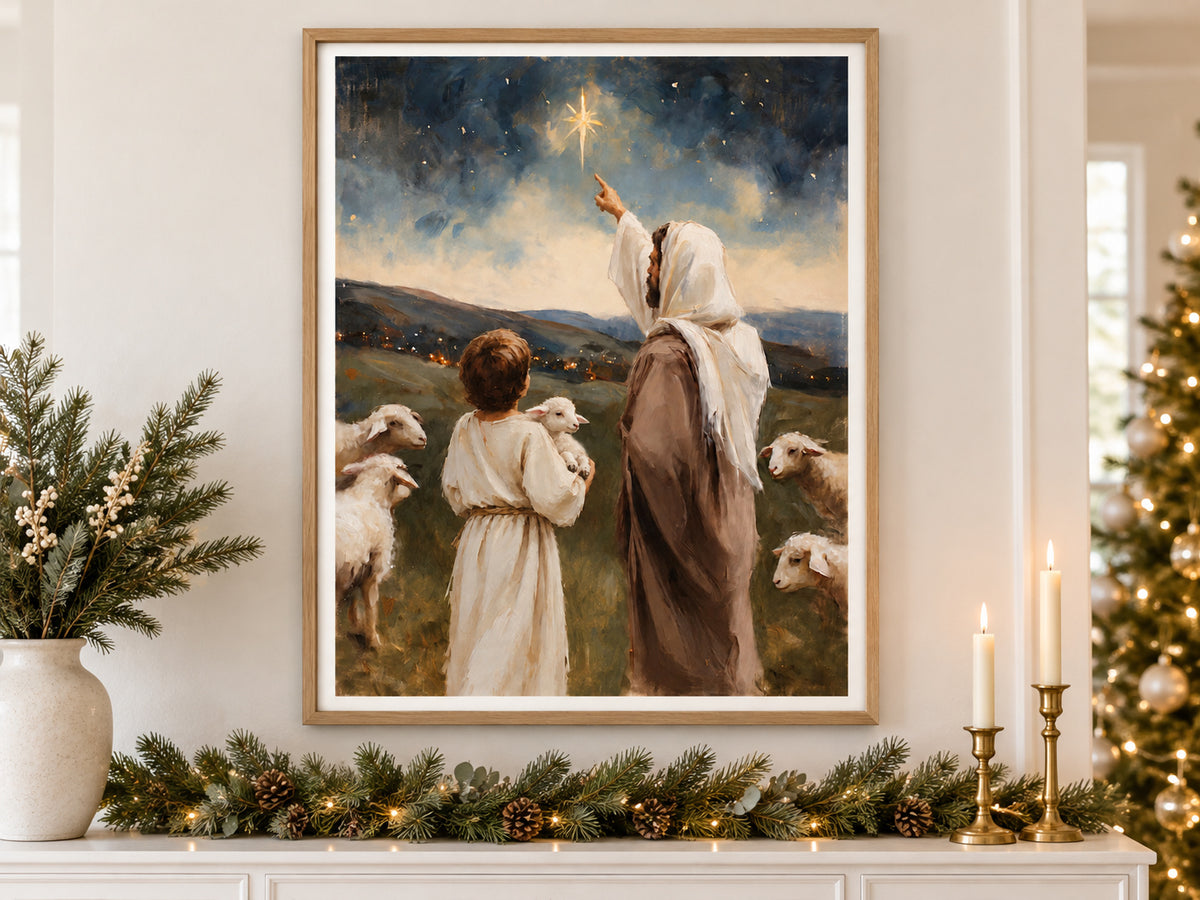Look Toward the Light in an oak frame above a console styled with evergreen and brass for Christmas
