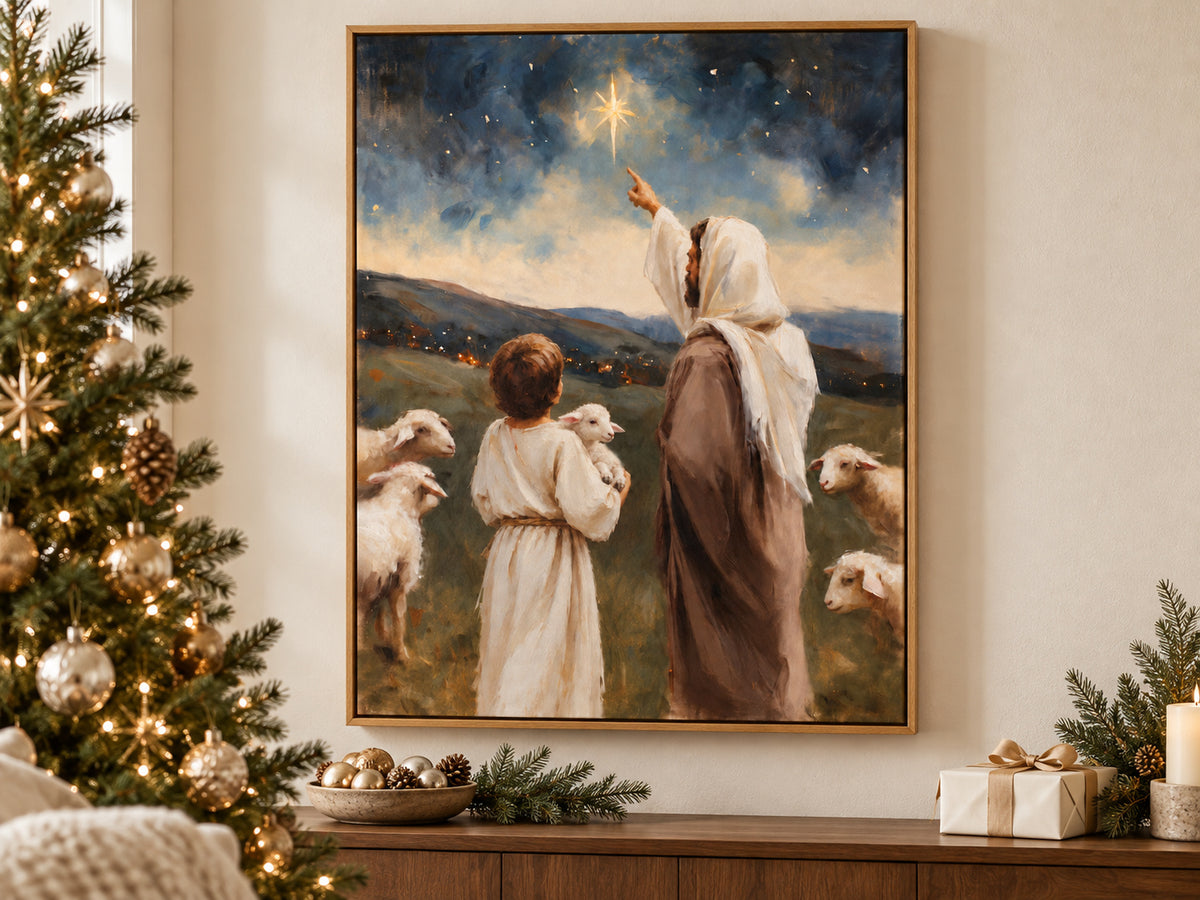 Look Toward the Light on canvas beside a softly lit Christmas tree in a family room