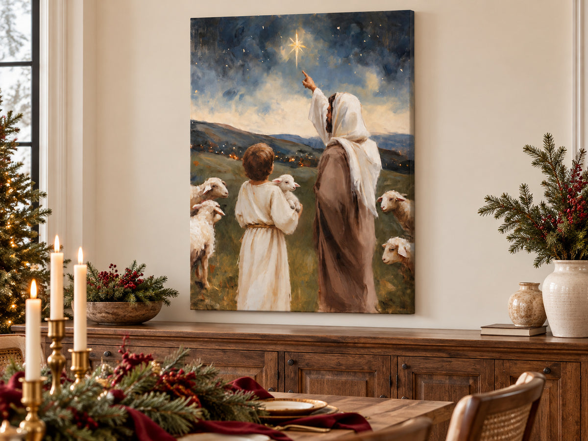 Look Toward the Light as an unframed canvas in a dining room styled with evergreen and brass for Christmas