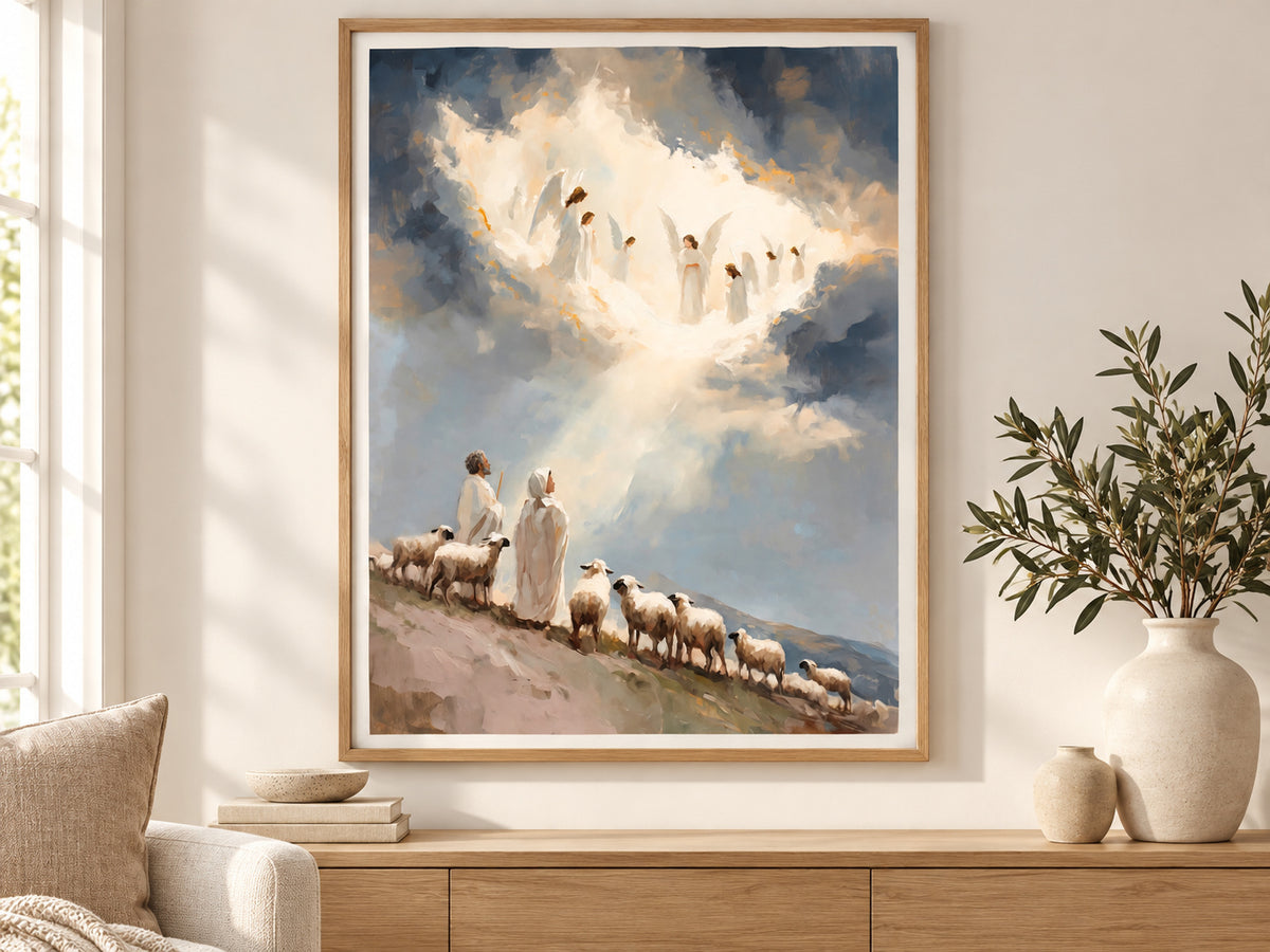 Glory in the Highest in a slim oak frame above a console in a sunlit living room