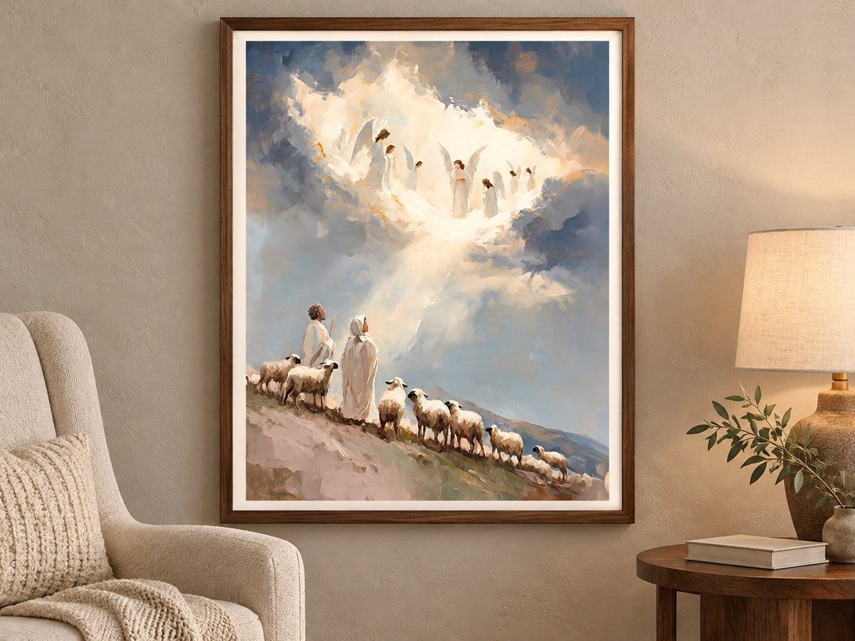 Glory in the Highest in a walnut frame beside a cream reading chair