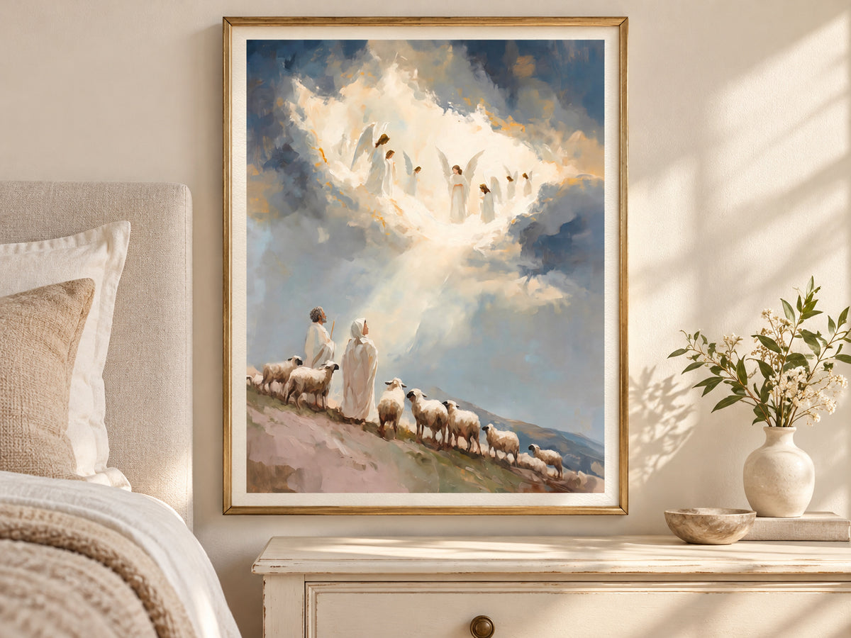 Glory in the Highest in a slim gold frame in a quiet neutral bedroom