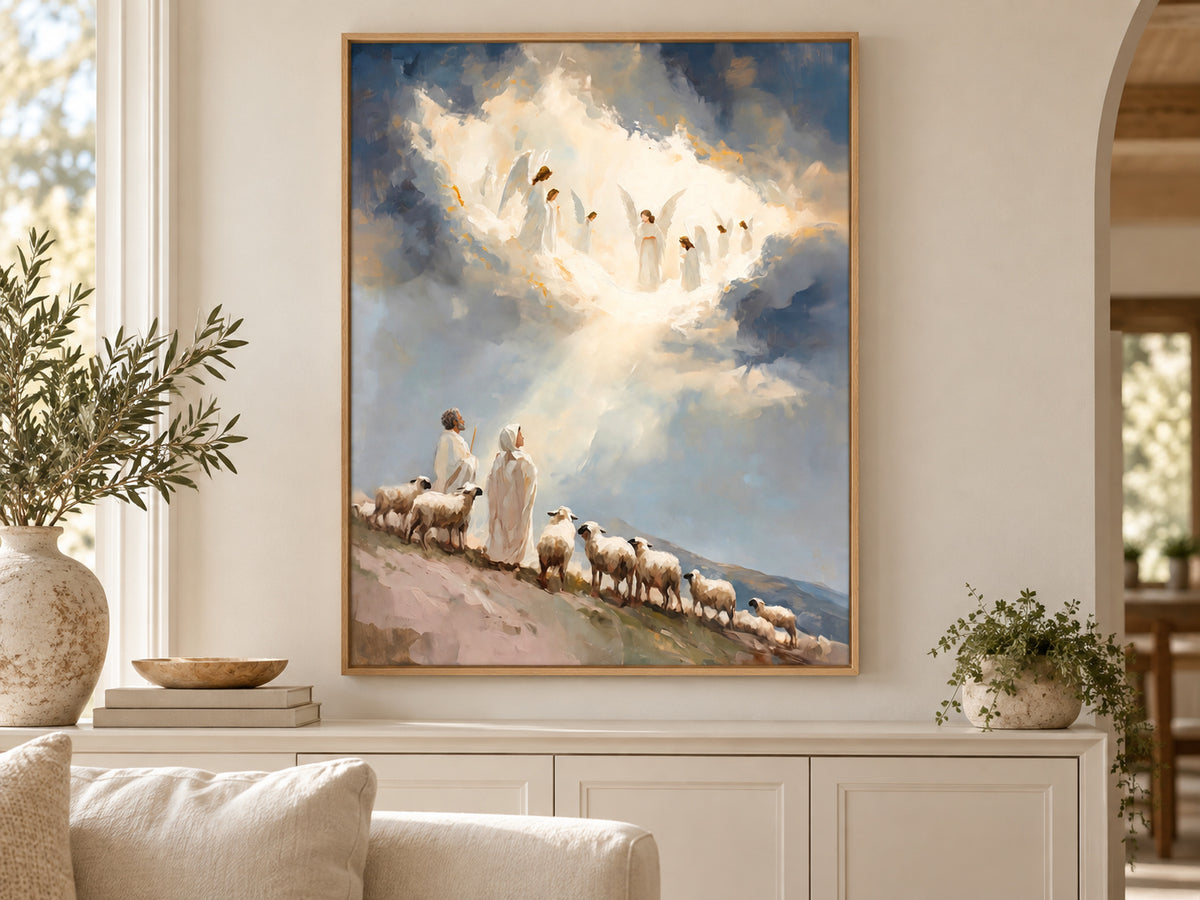 Glory in the Highest on canvas in an oak floating frame in a neutral family room