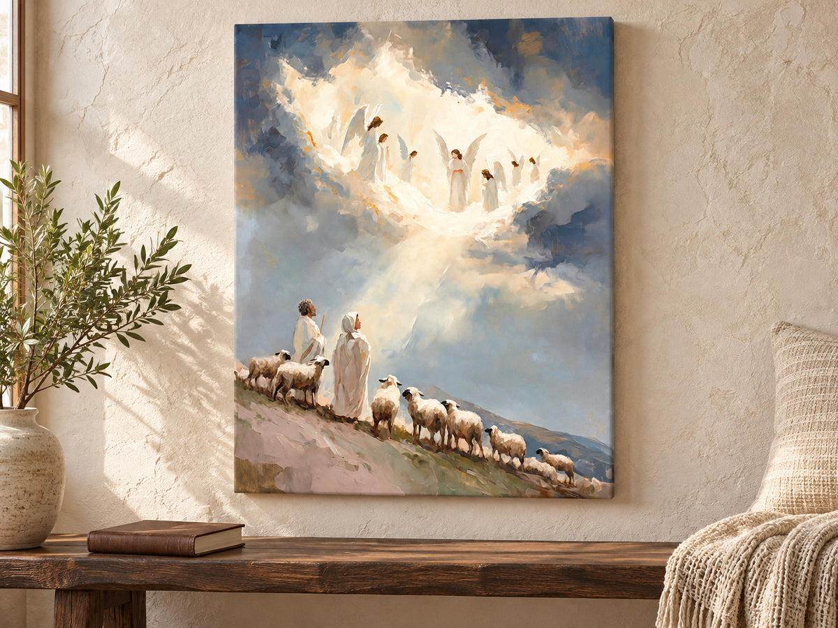Glory in the Highest as an unframed canvas above a walnut bench in a reading corner