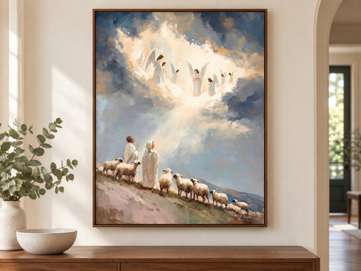 Glory in the Highest on canvas in a walnut floating frame above an entry console