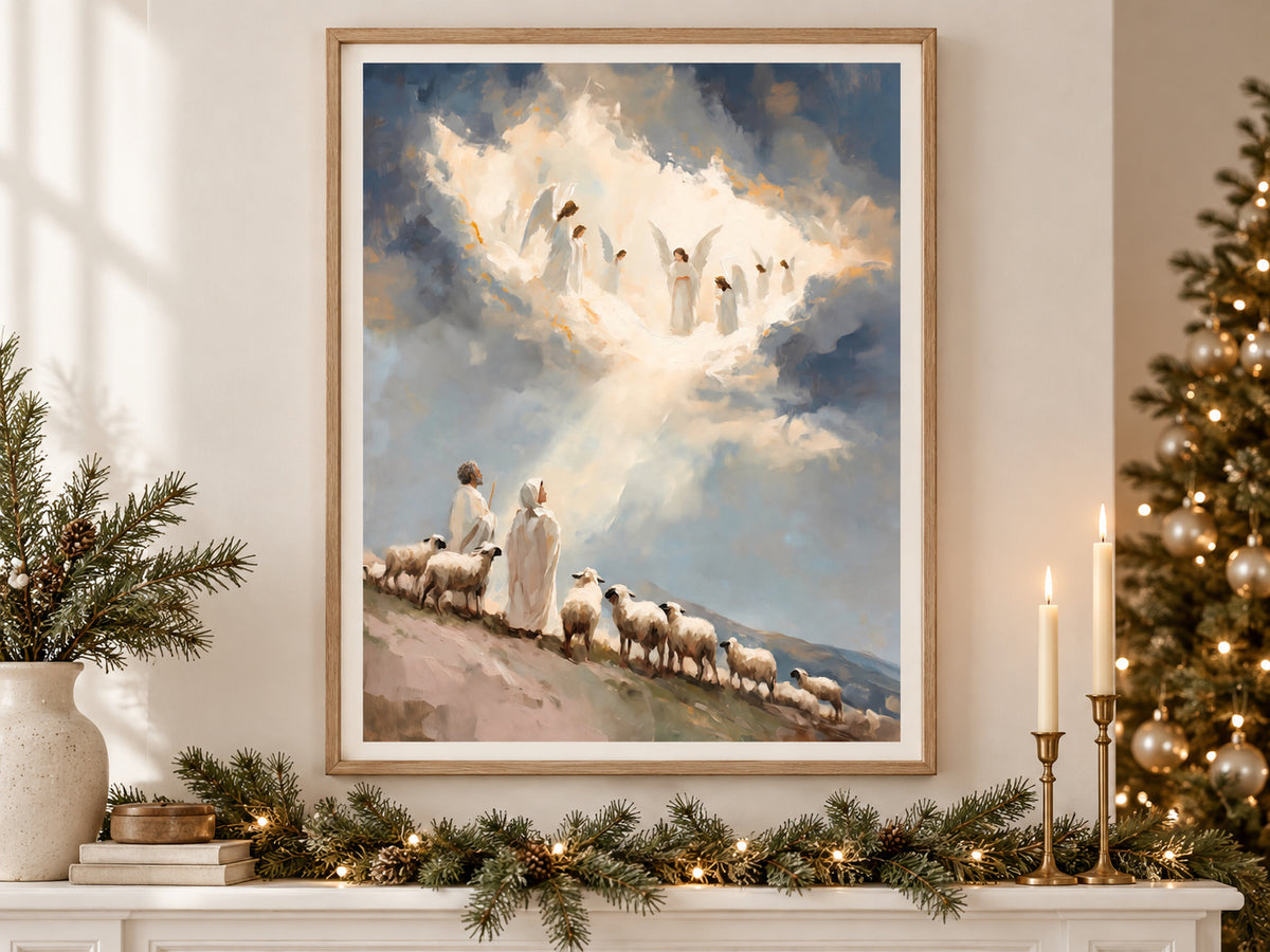 Glory in the Highest in an oak frame above a console styled with evergreen and brass for Christmas