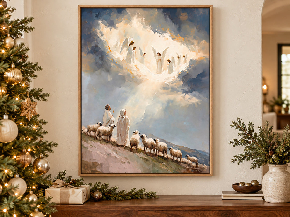 Glory in the Highest on canvas beside a softly lit Christmas tree in a family room