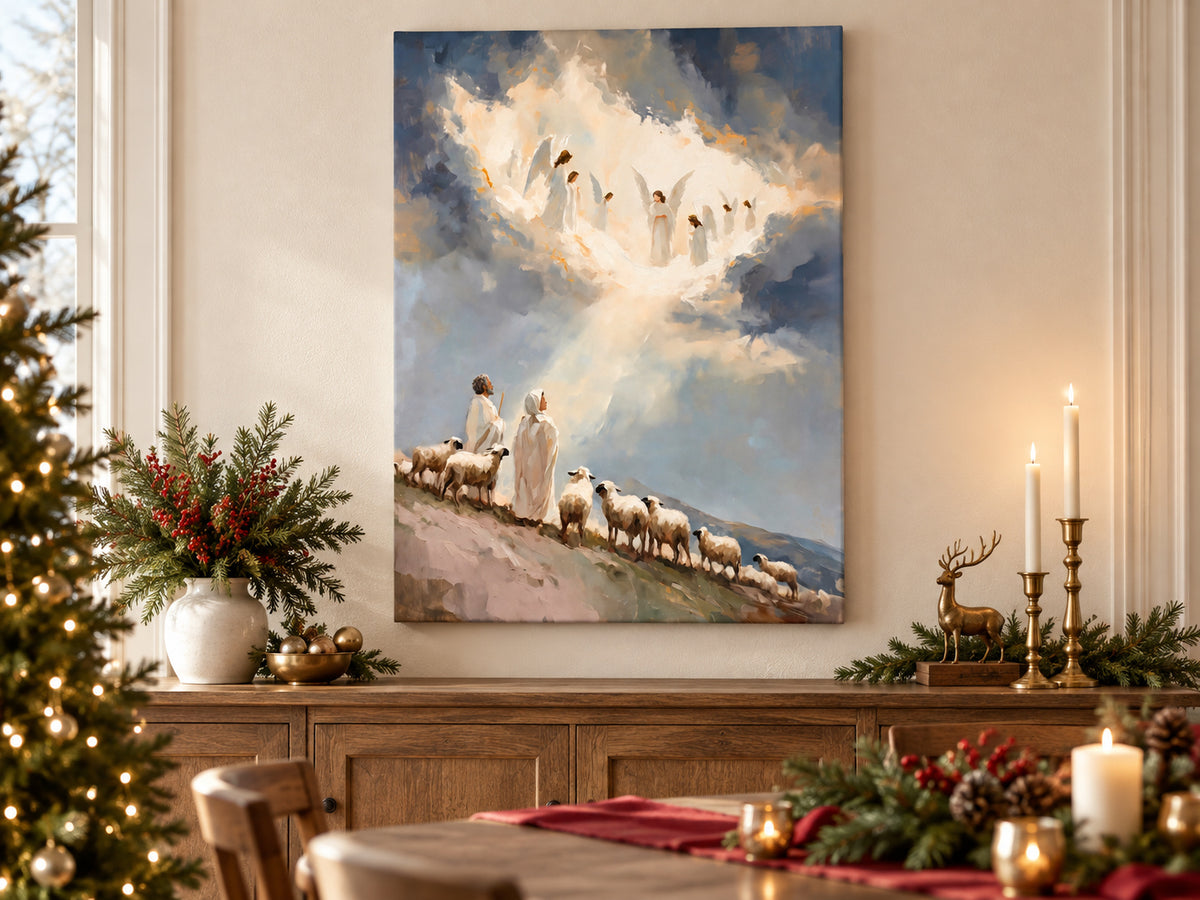 Glory in the Highest as an unframed canvas in a dining room styled with evergreen and brass for Christmas