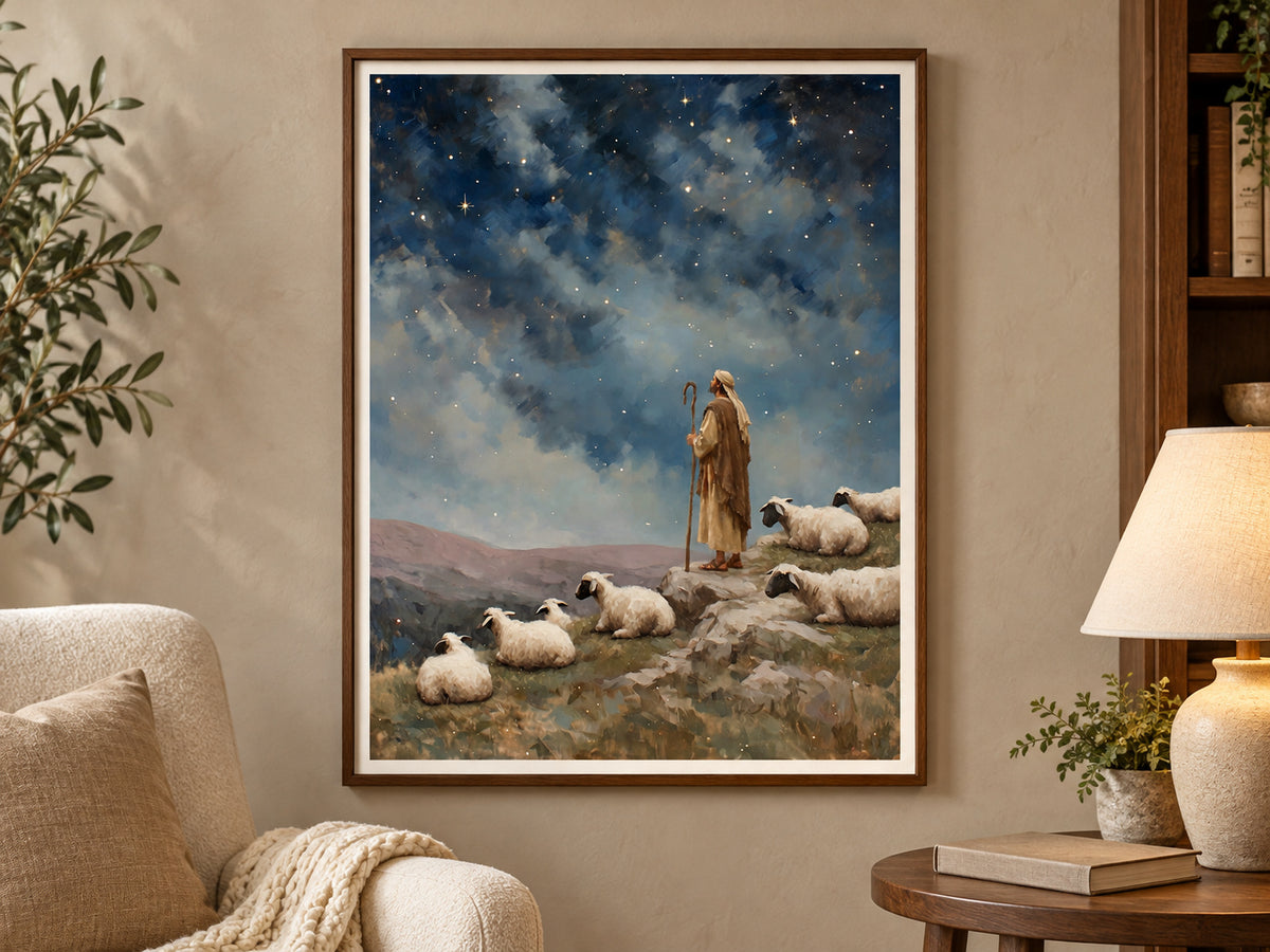 Keeping Watch in a walnut frame beside a cream reading chair