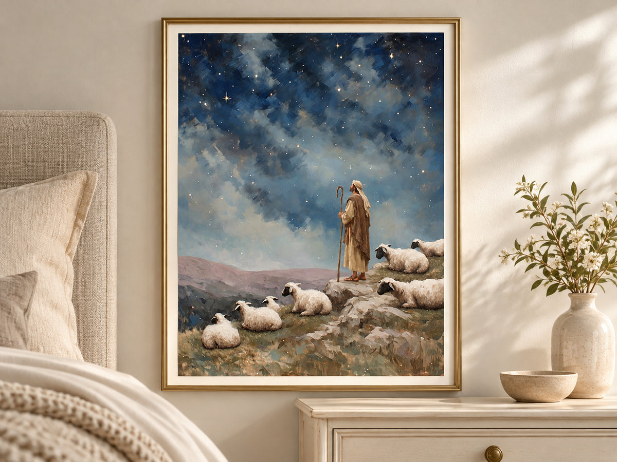 Keeping Watch in a slim gold frame in a quiet neutral bedroom