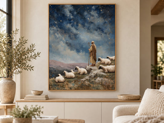 Keeping Watch on canvas in an oak floating frame in a neutral family room