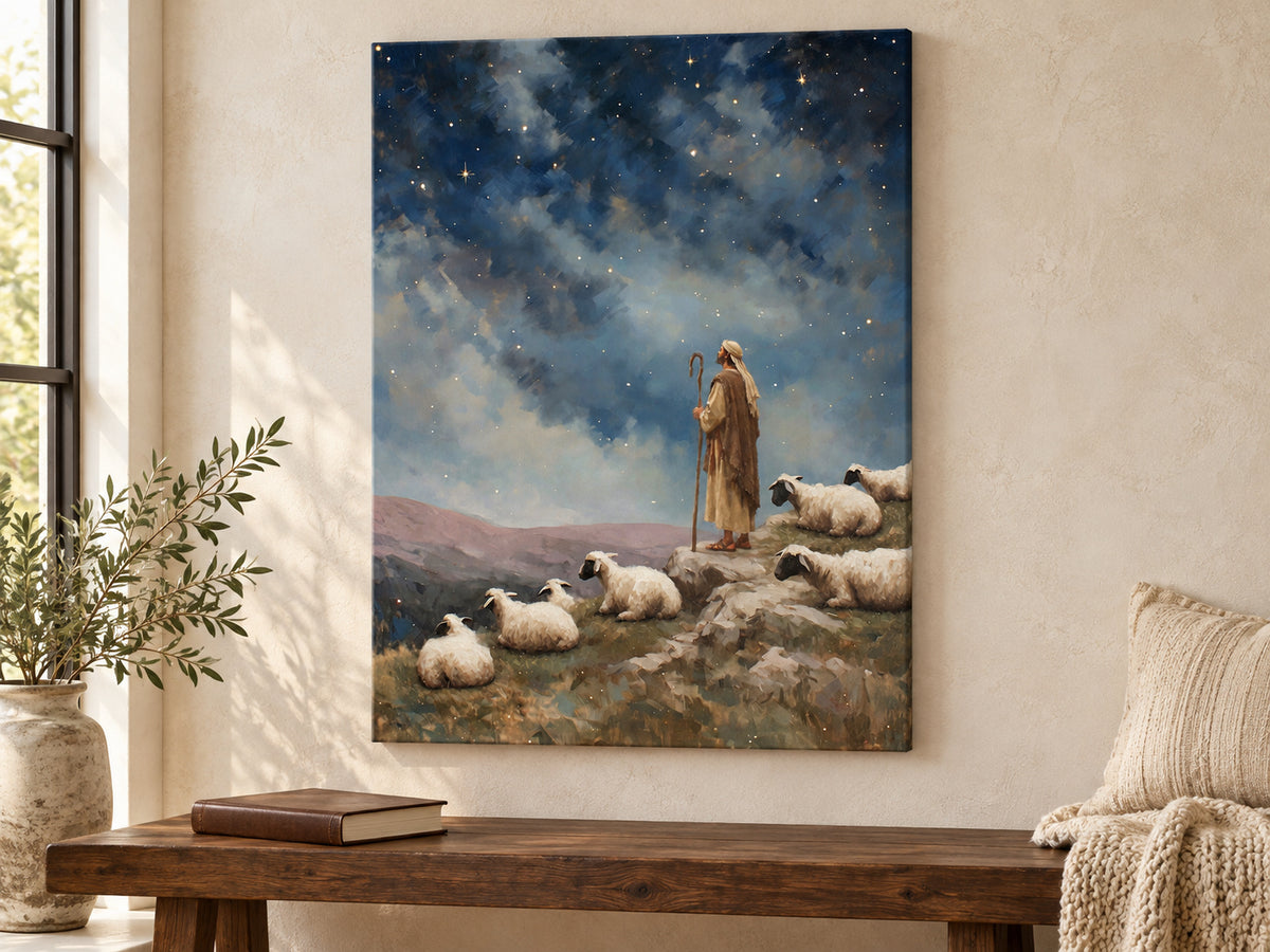 Keeping Watch as an unframed canvas above a walnut bench in a reading corner