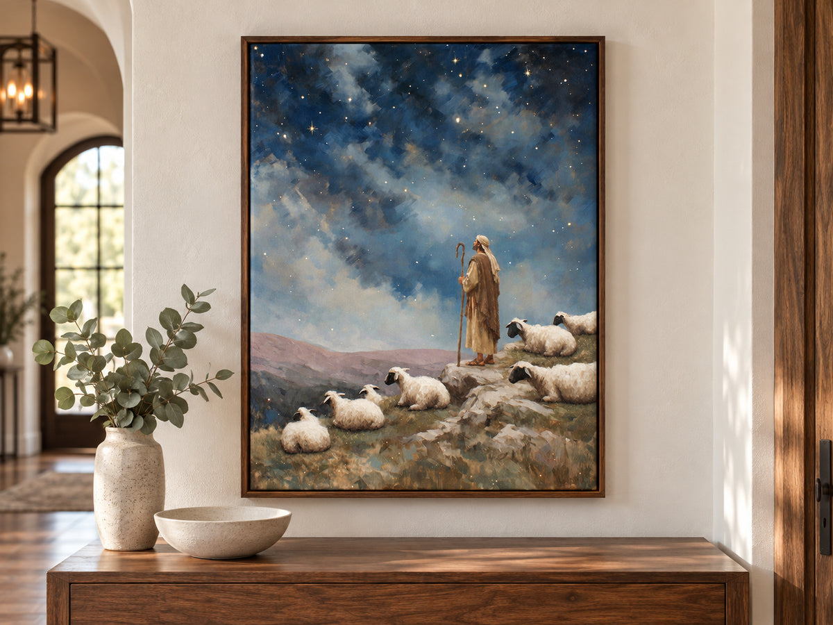 Keeping Watch on canvas in a walnut floating frame above an entry console