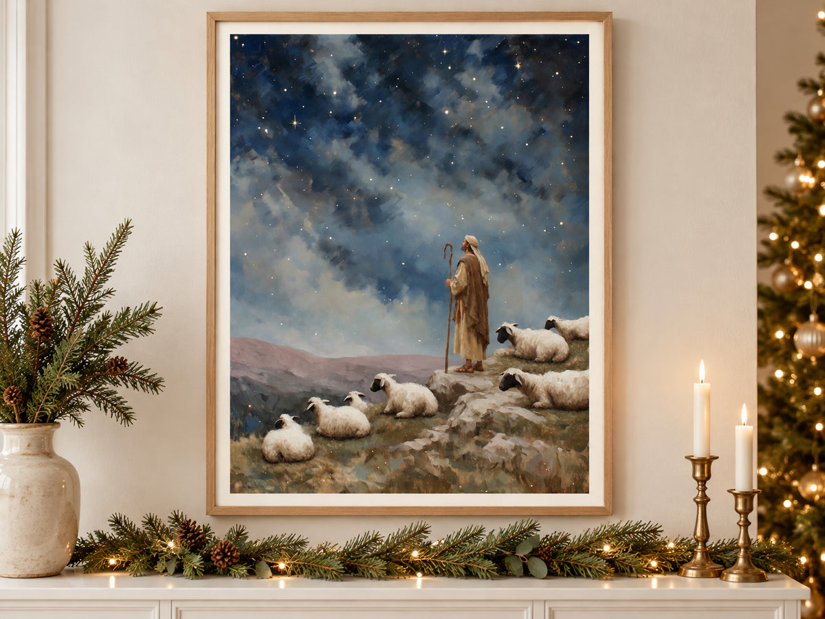 Keeping Watch in an oak frame above a console styled with evergreen and brass for Christmas