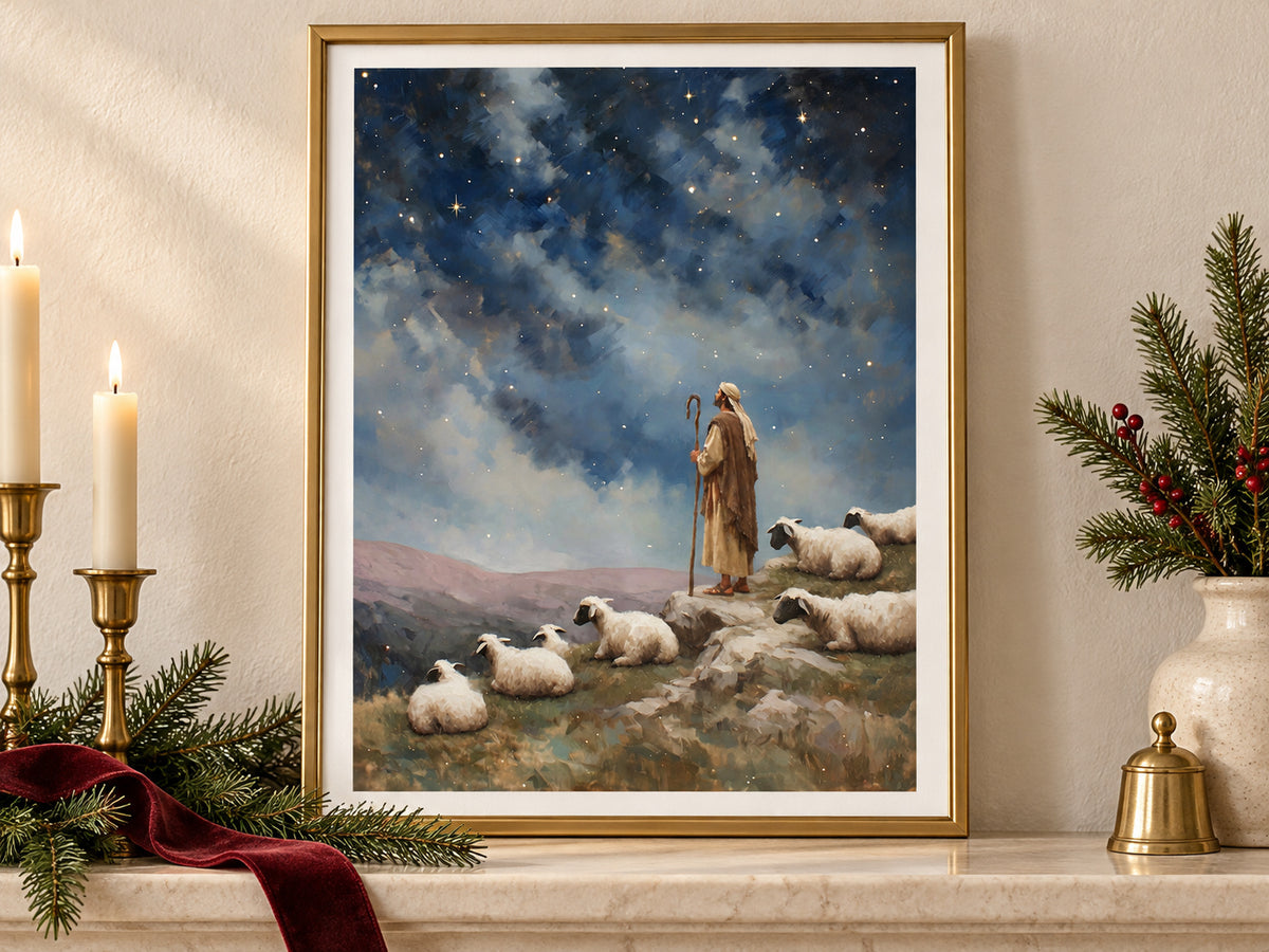 Keeping Watch in a gold frame on a Christmas mantel with greenery and velvet ribbon