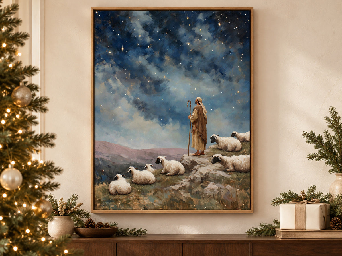 Keeping Watch on canvas beside a softly lit Christmas tree in a family room