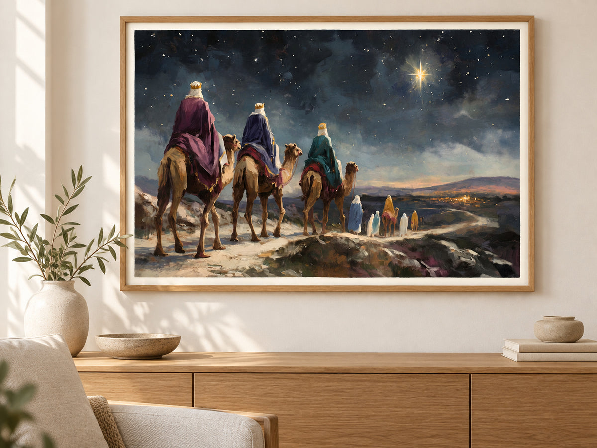 They Followed His Star in a slim oak frame above a console in a sunlit living room