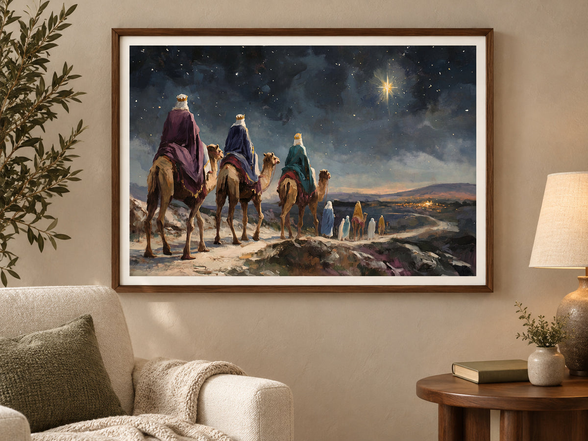 They Followed His Star in a walnut frame beside a cream reading chair