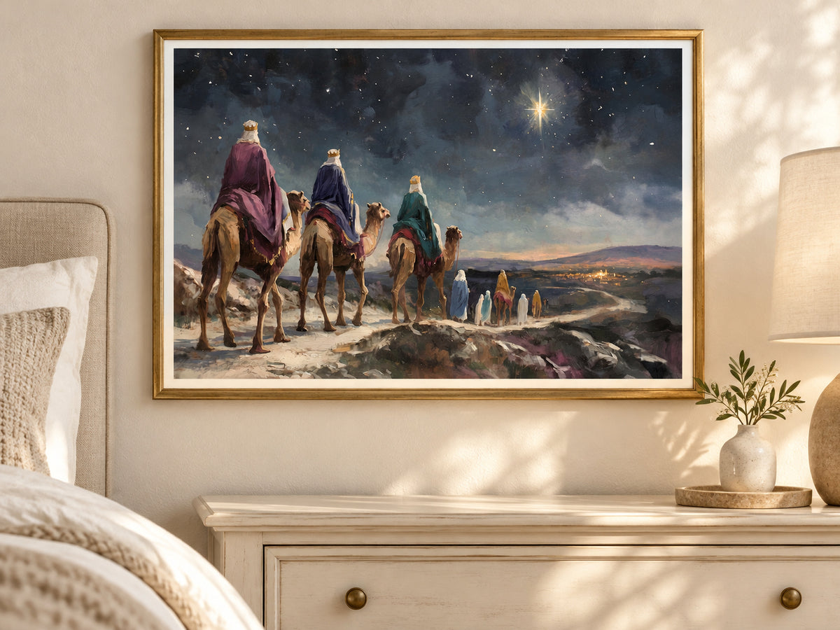 They Followed His Star in a slim gold frame in a quiet neutral bedroom