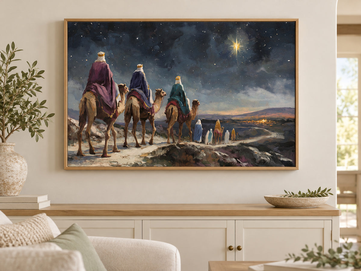 They Followed His Star on canvas in an oak floating frame in a neutral family room