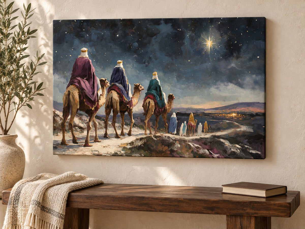 They Followed His Star as an unframed canvas above a walnut bench in a reading corner