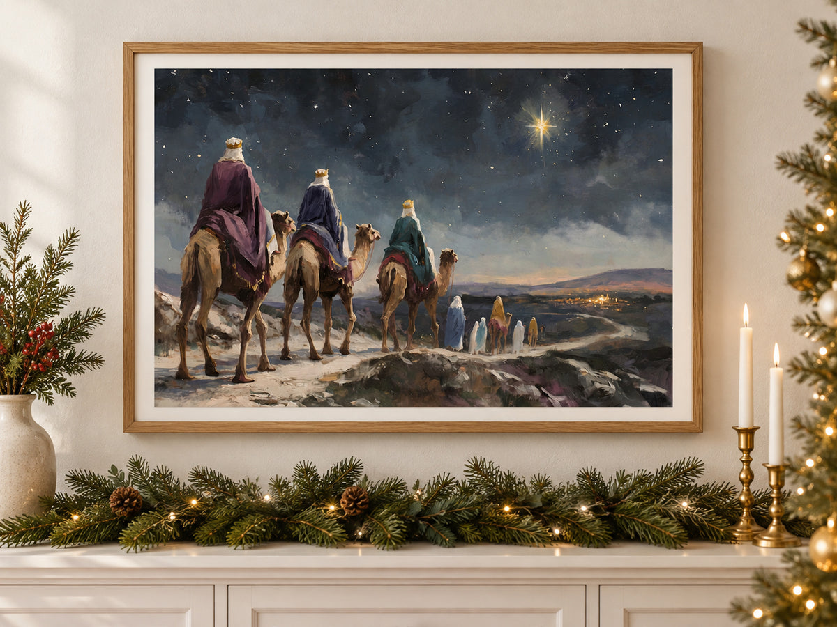 They Followed His Star in an oak frame above a console styled with evergreen and brass for Christmas