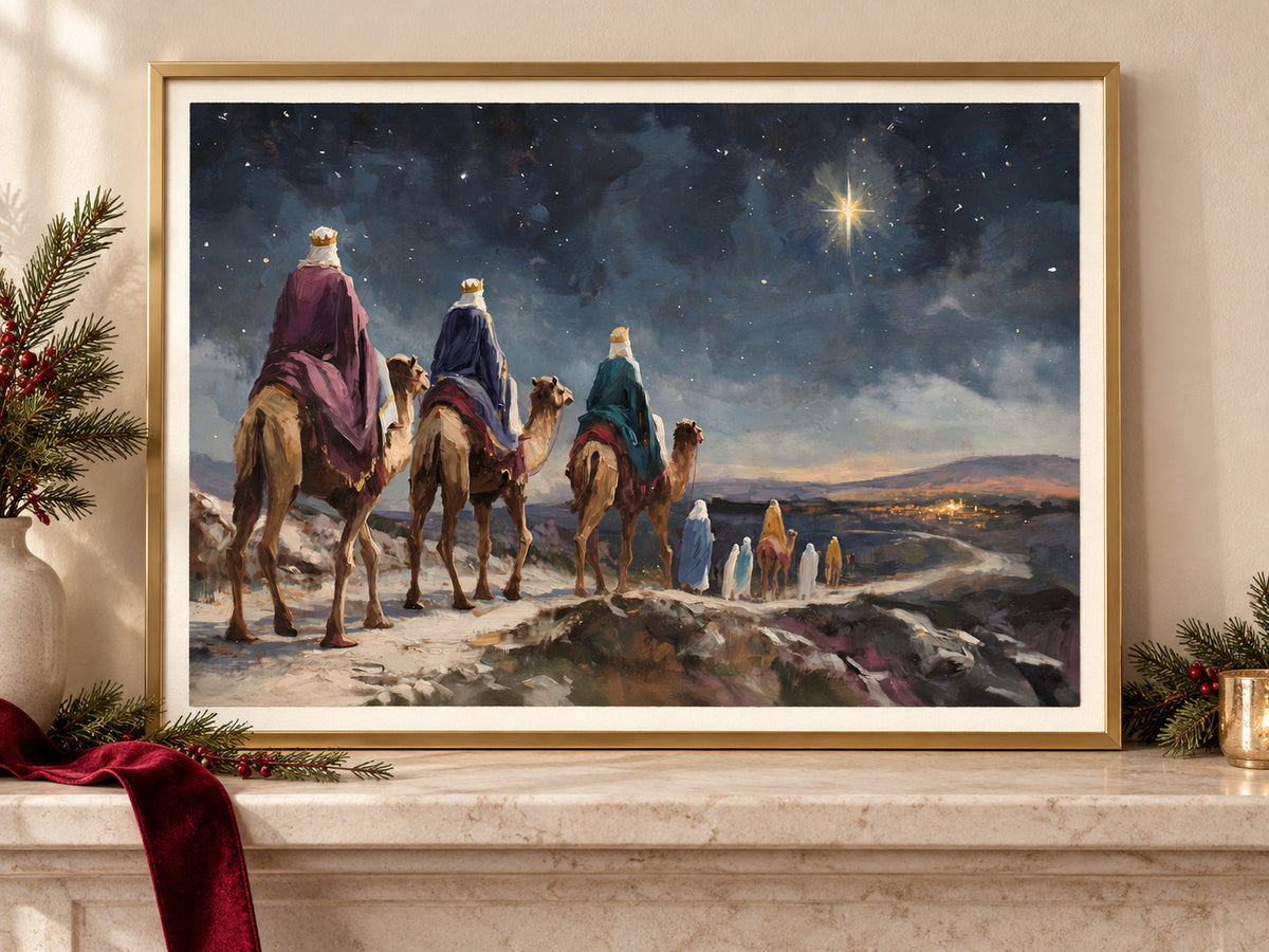 They Followed His Star in a gold frame on a Christmas mantel with greenery and velvet ribbon