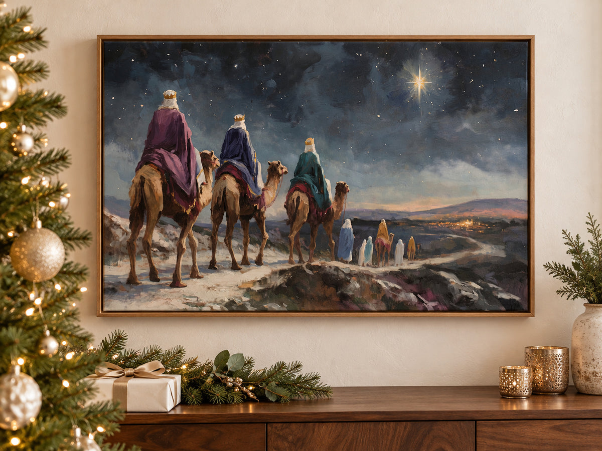 They Followed His Star on canvas beside a softly lit Christmas tree in a family room
