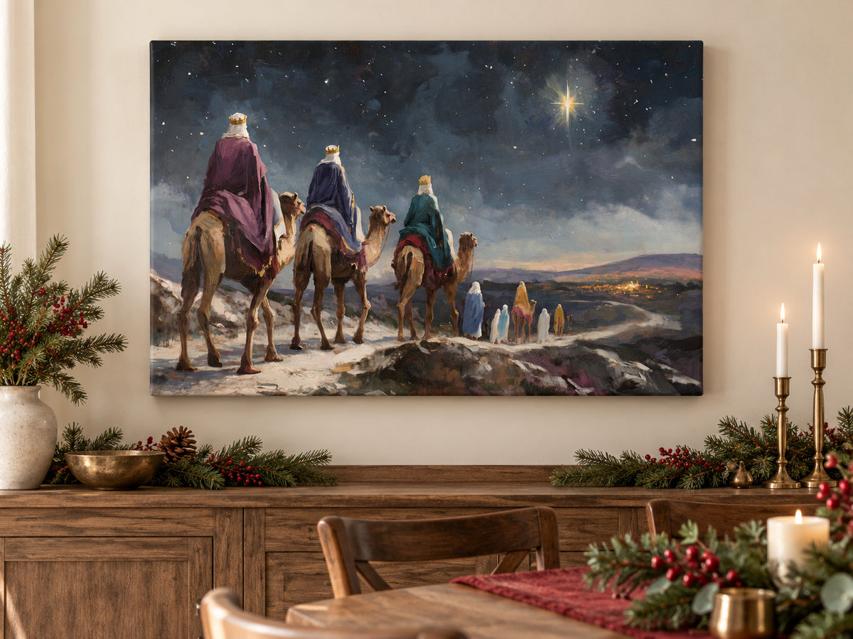 They Followed His Star as an unframed canvas in a dining room styled with evergreen and brass for Christmas