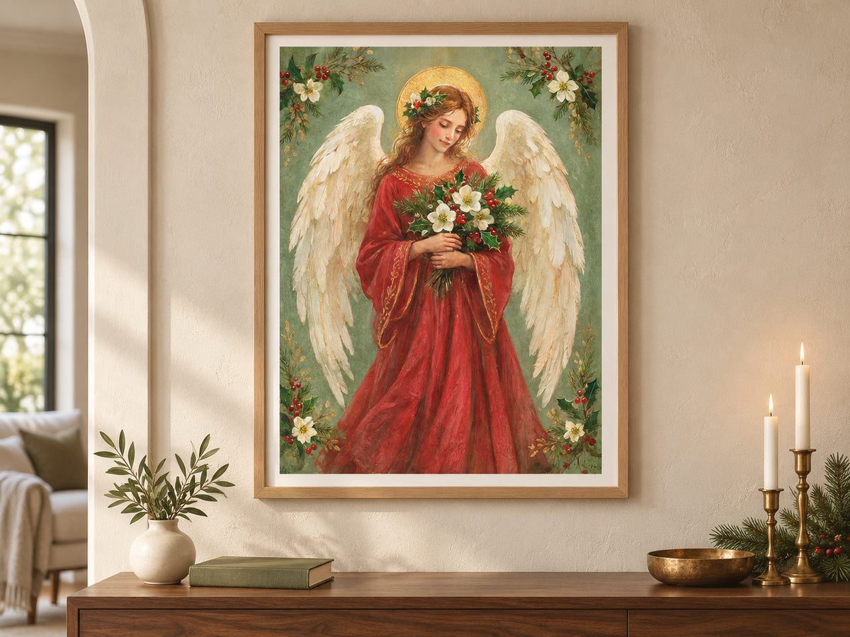 An angel with cream wings and a gold halo wears a red robe and holds white flowers, holly, and evergreen. Floral sprigs fill the corners of a soft green background. Shown as a vertical paper print in paper premium oak setting.