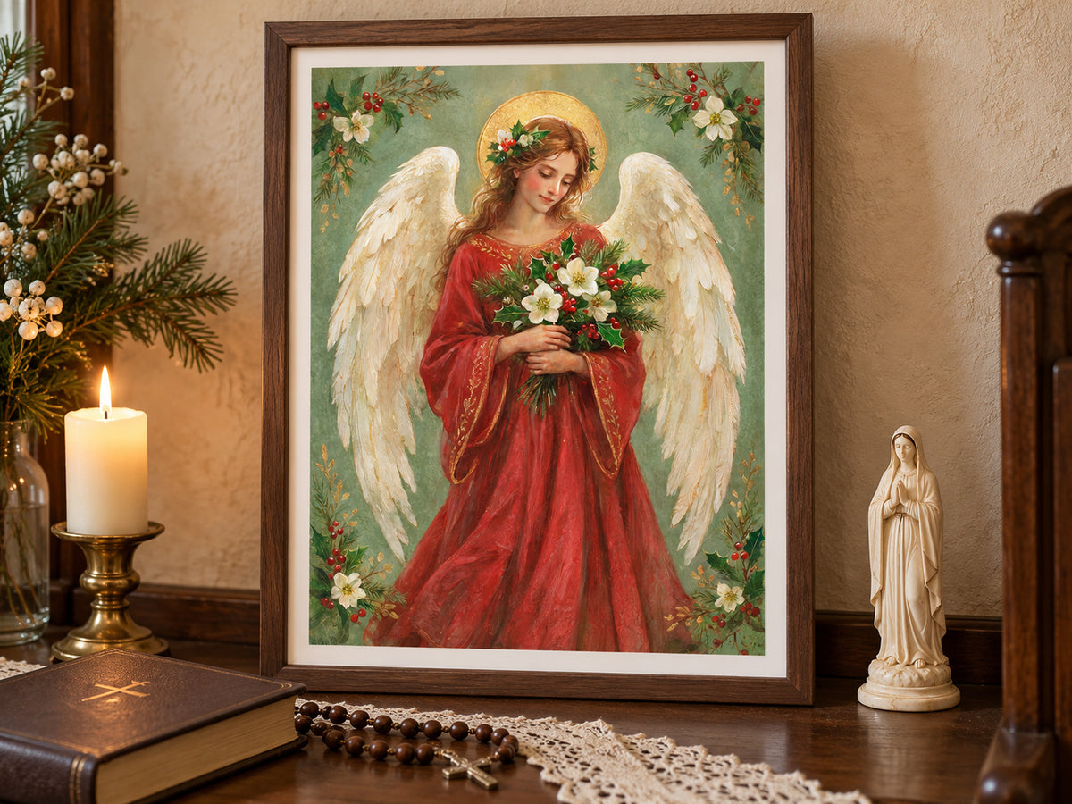 An angel with cream wings and a gold halo wears a red robe and holds white flowers, holly, and evergreen. Floral sprigs fill the corners of a soft green background. Shown as a vertical paper print in paper prayer corner setting.