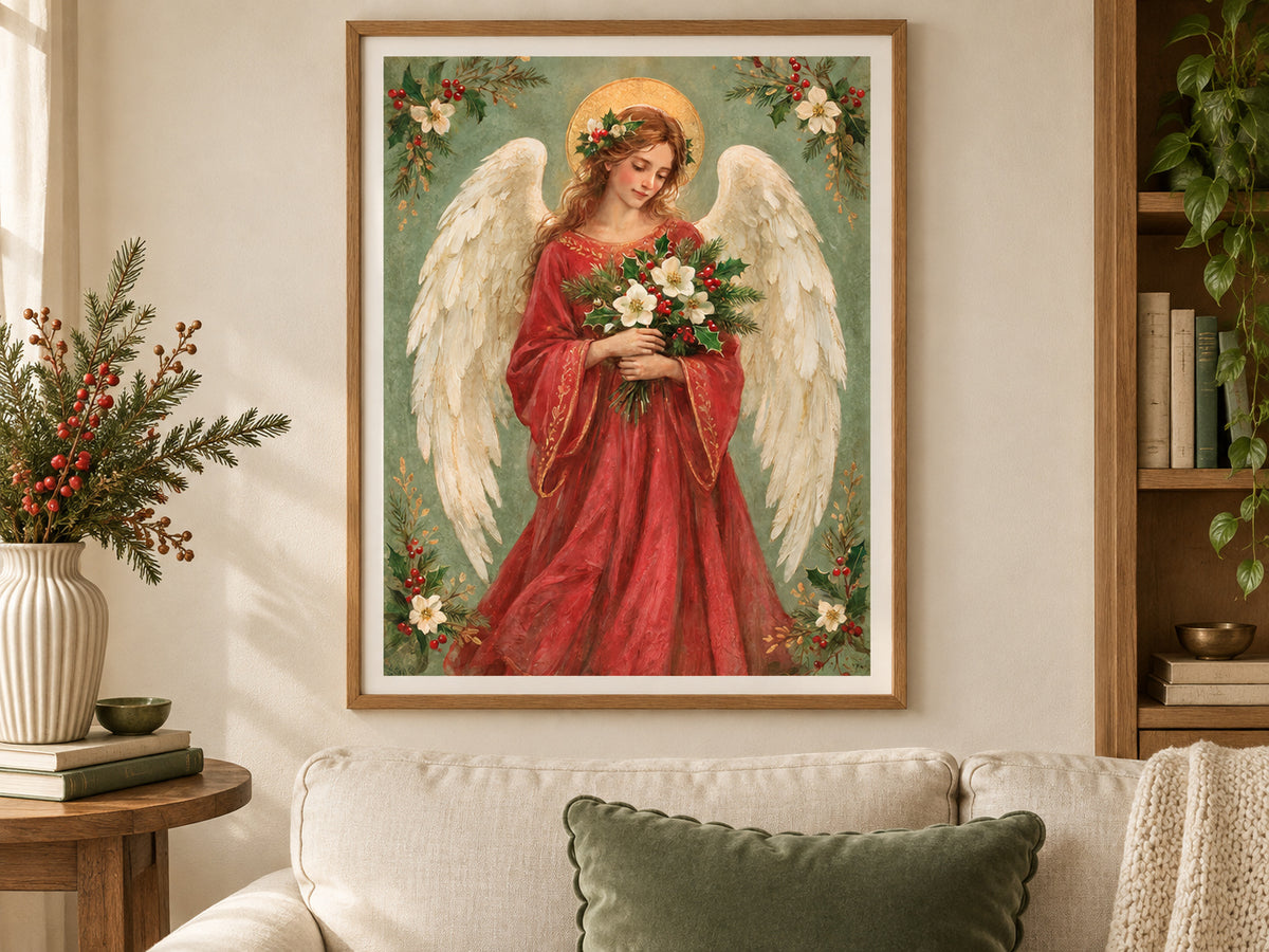 An angel with cream wings and a gold halo wears a red robe and holds white flowers, holly, and evergreen. Floral sprigs fill the corners of a soft green background. Shown as a vertical paper print in paper collected linen setting.