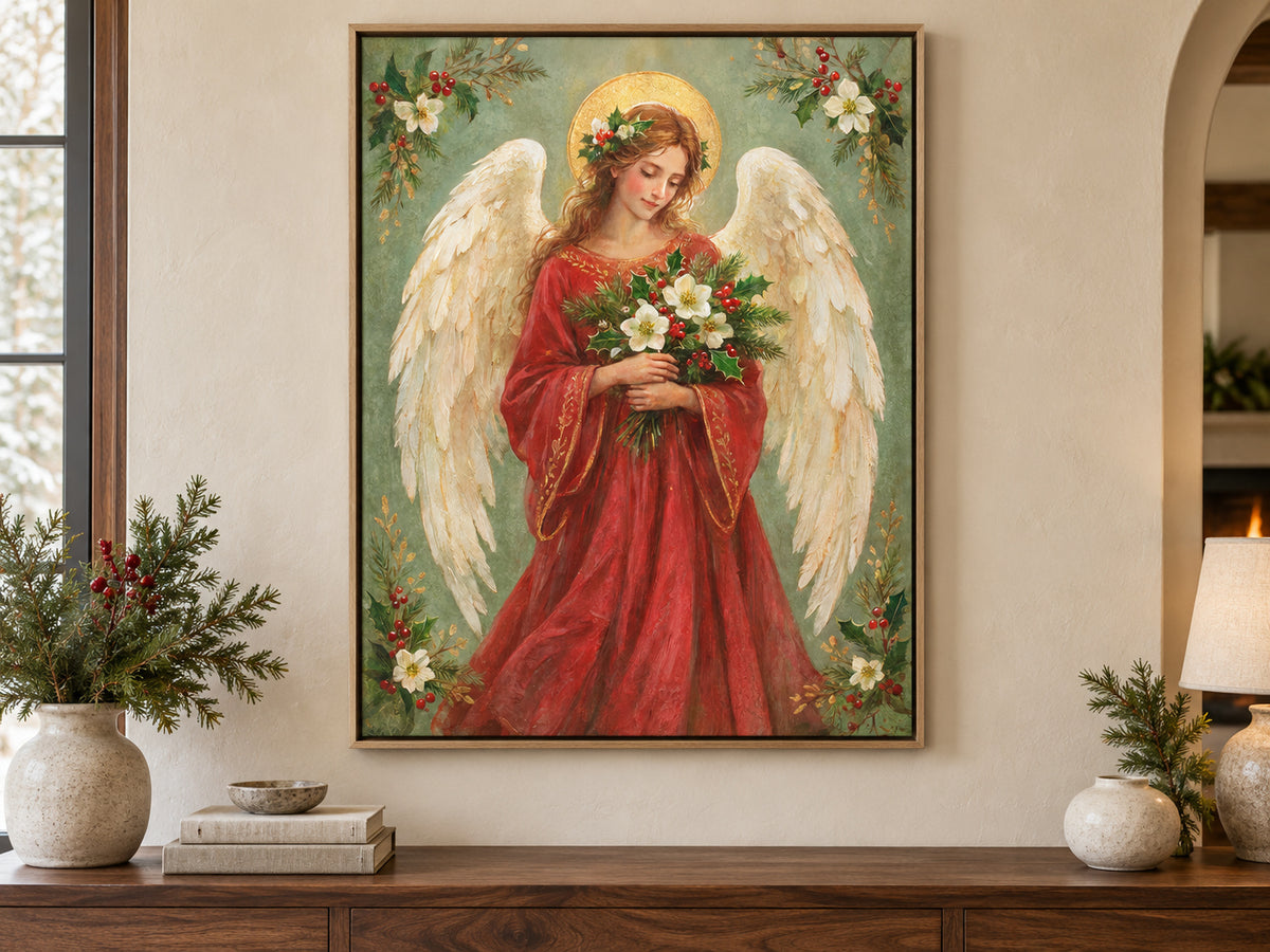An angel with cream wings and a gold halo wears a red robe and holds white flowers, holly, and evergreen. Floral sprigs fill the corners of a soft green background. Shown as a vertical canvas print in canvas premium oak float setting.