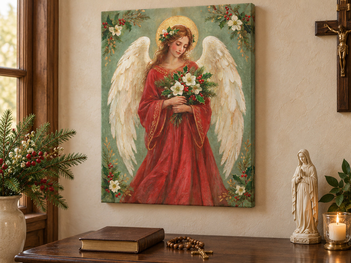 An angel with cream wings and a gold halo wears a red robe and holds white flowers, holly, and evergreen. Floral sprigs fill the corners of a soft green background. Shown as a vertical canvas print in canvas prayer corner setting.