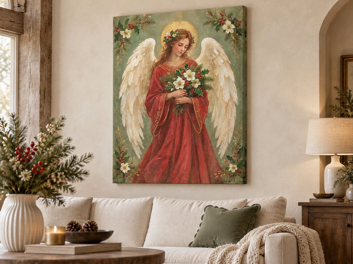 An angel with cream wings and a gold halo wears a red robe and holds white flowers, holly, and evergreen. Floral sprigs fill the corners of a soft green background. Shown as a vertical canvas print in canvas collected linen setting.
