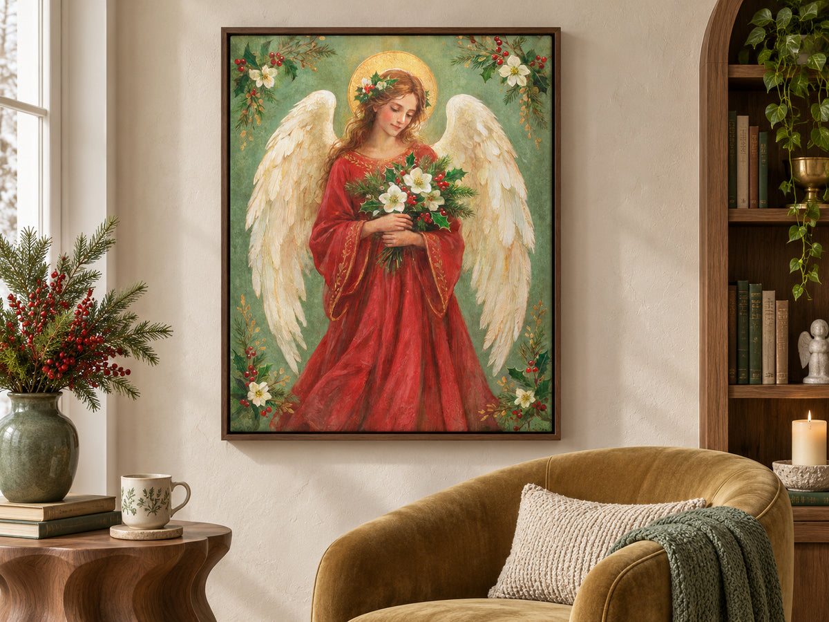 An angel with cream wings and a gold halo wears a red robe and holds white flowers, holly, and evergreen. Floral sprigs fill the corners of a soft green background. Shown as a vertical canvas print in canvas sculptural nook setting.