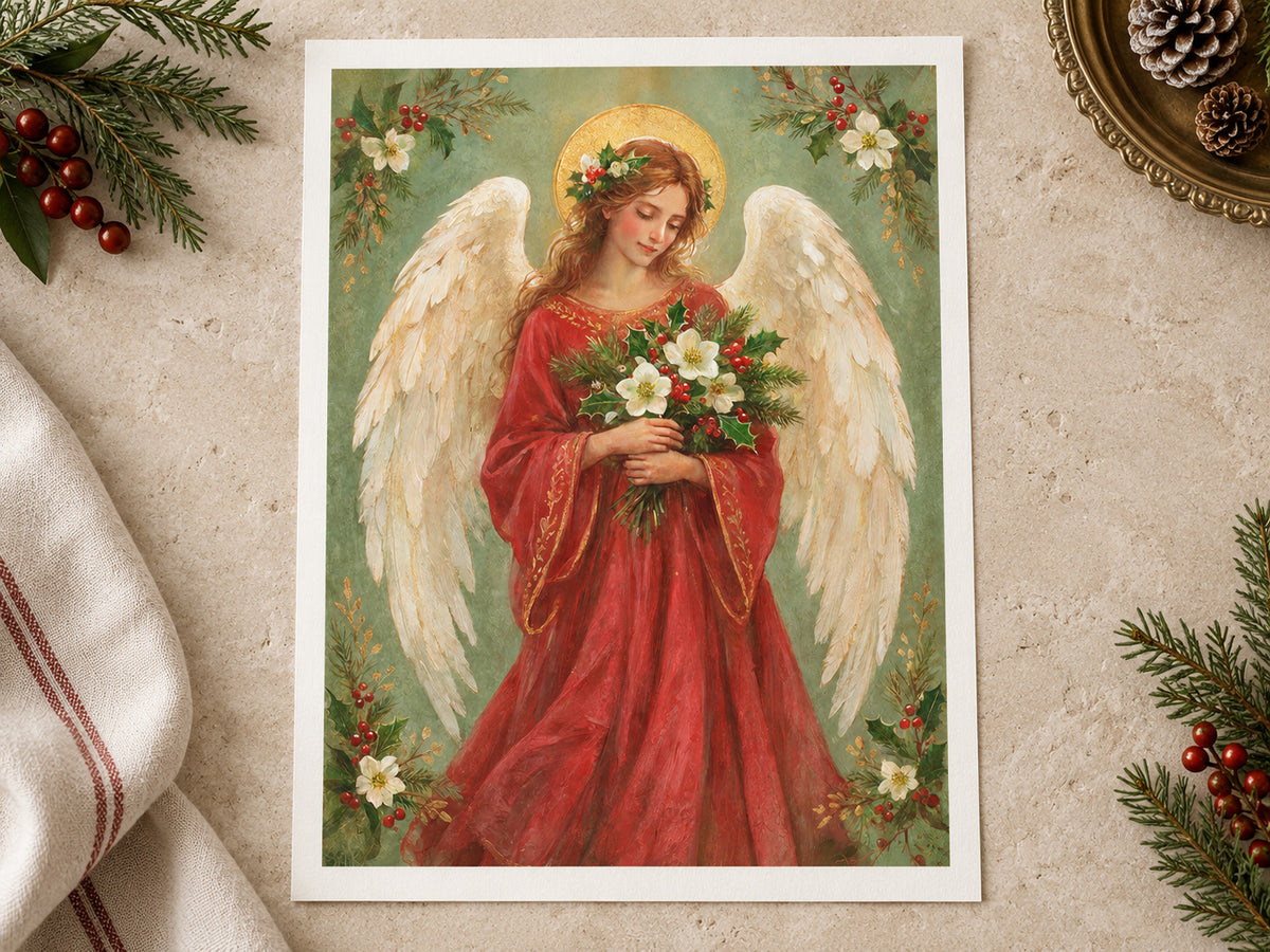 An angel with cream wings and a gold halo wears a red robe and holds white flowers, holly, and evergreen. Floral sprigs fill the corners of a soft green background. Shown as a vertical paper print in paper unframed warm white margin setting.