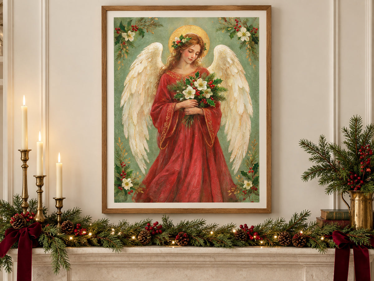 An angel with cream wings and a gold halo wears a red robe and holds white flowers, holly, and evergreen. Floral sprigs fill the corners of a soft green background. Shown as a vertical paper print in christmas paper evergreen mantel setting.