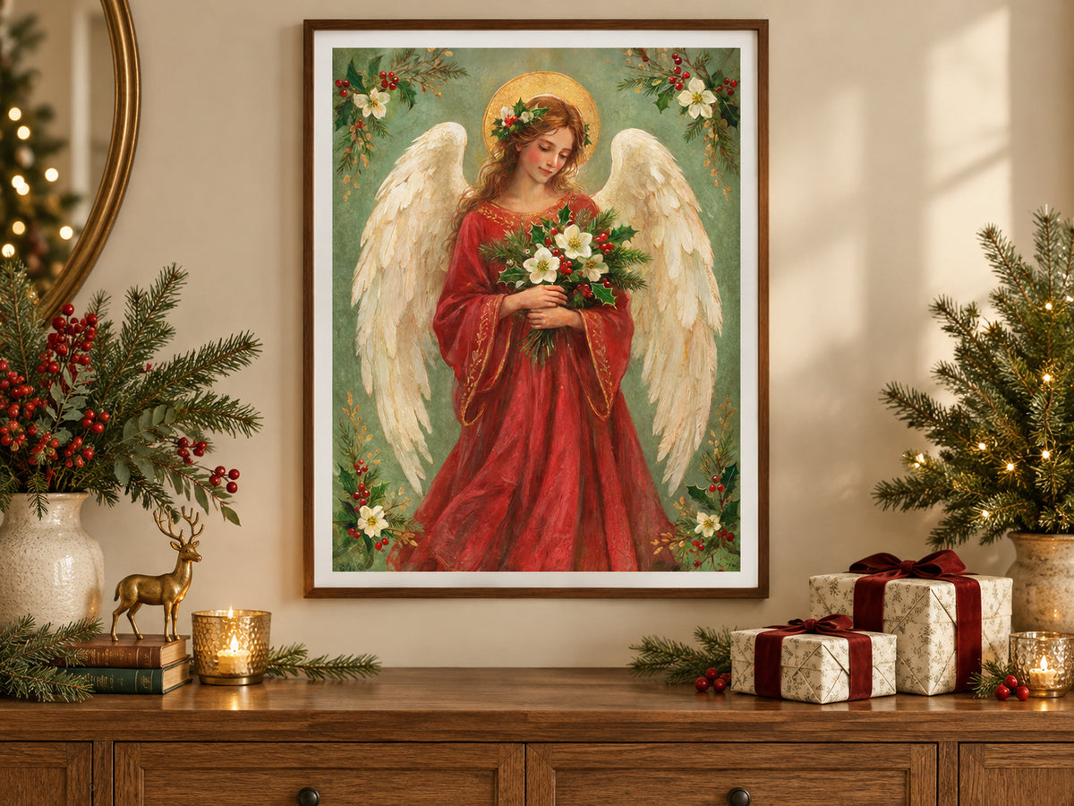 An angel with cream wings and a gold halo wears a red robe and holds white flowers, holly, and evergreen. Floral sprigs fill the corners of a soft green background. Shown as a vertical paper print in christmas paper festive sideboard setting.