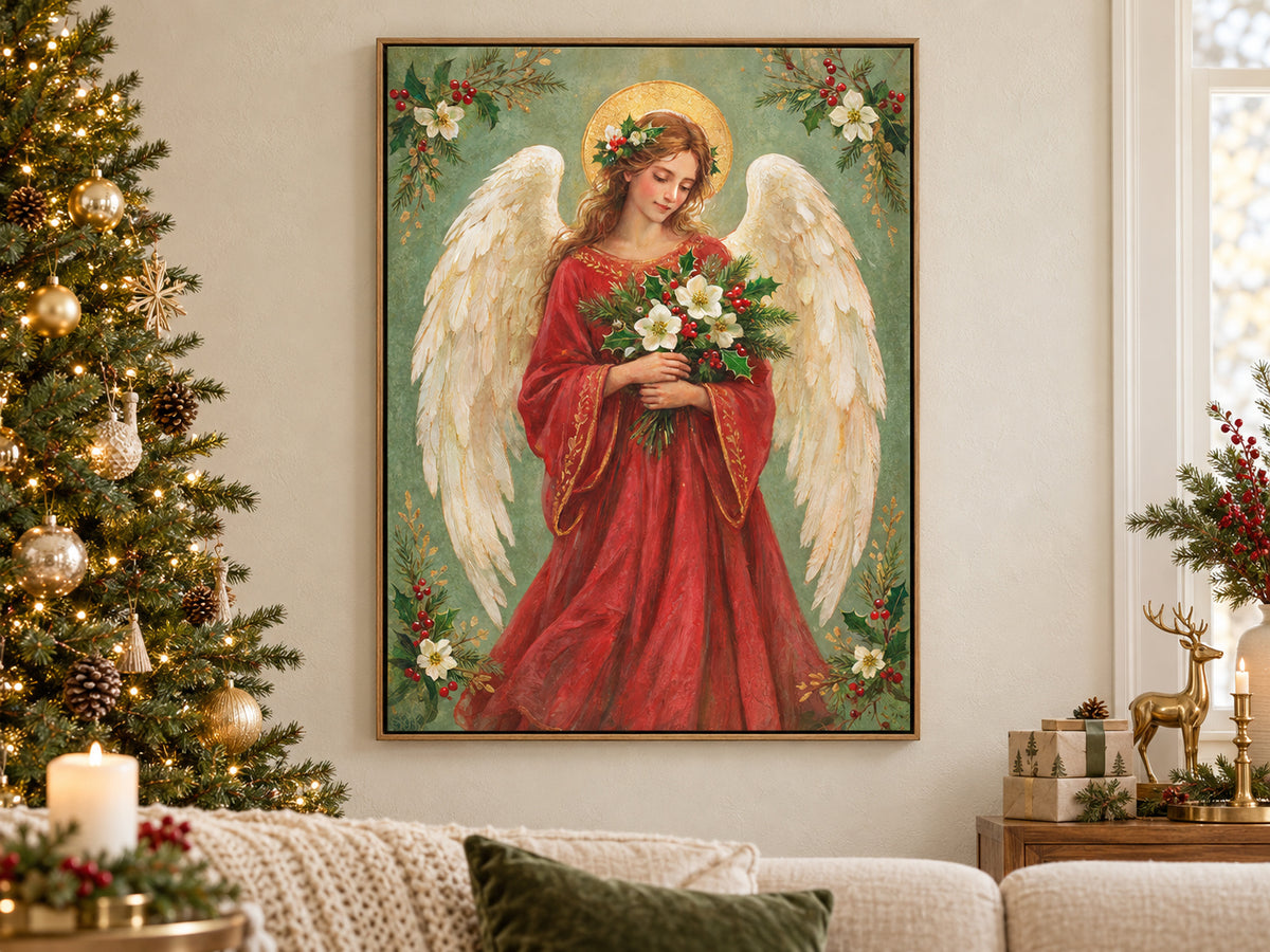 An angel with cream wings and a gold halo wears a red robe and holds white flowers, holly, and evergreen. Floral sprigs fill the corners of a soft green background. Shown as a vertical canvas print in christmas canvas tree living room setting.