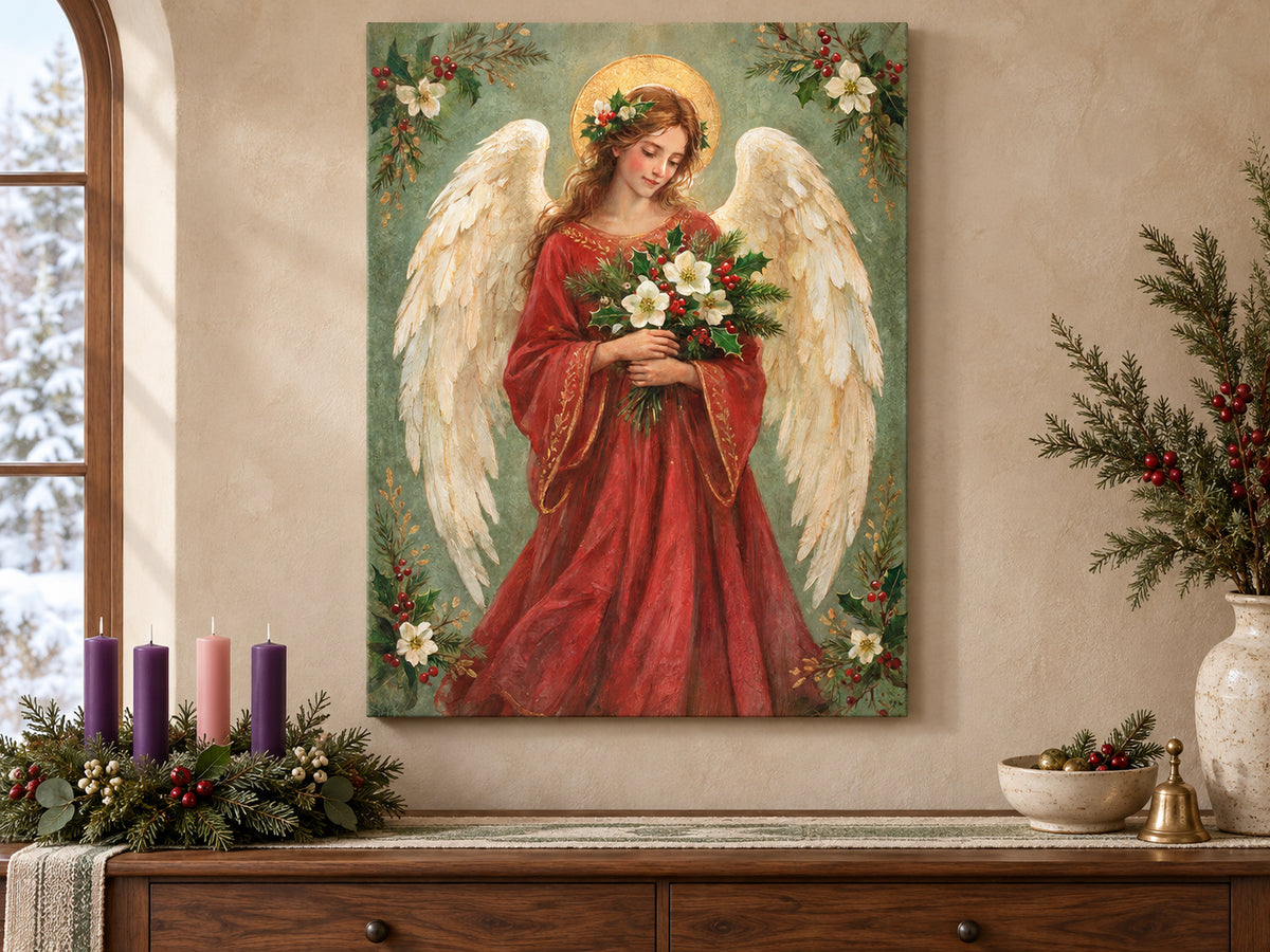 An angel with cream wings and a gold halo wears a red robe and holds white flowers, holly, and evergreen. Floral sprigs fill the corners of a soft green background. Shown as a vertical canvas print in christmas canvas advent console setting.