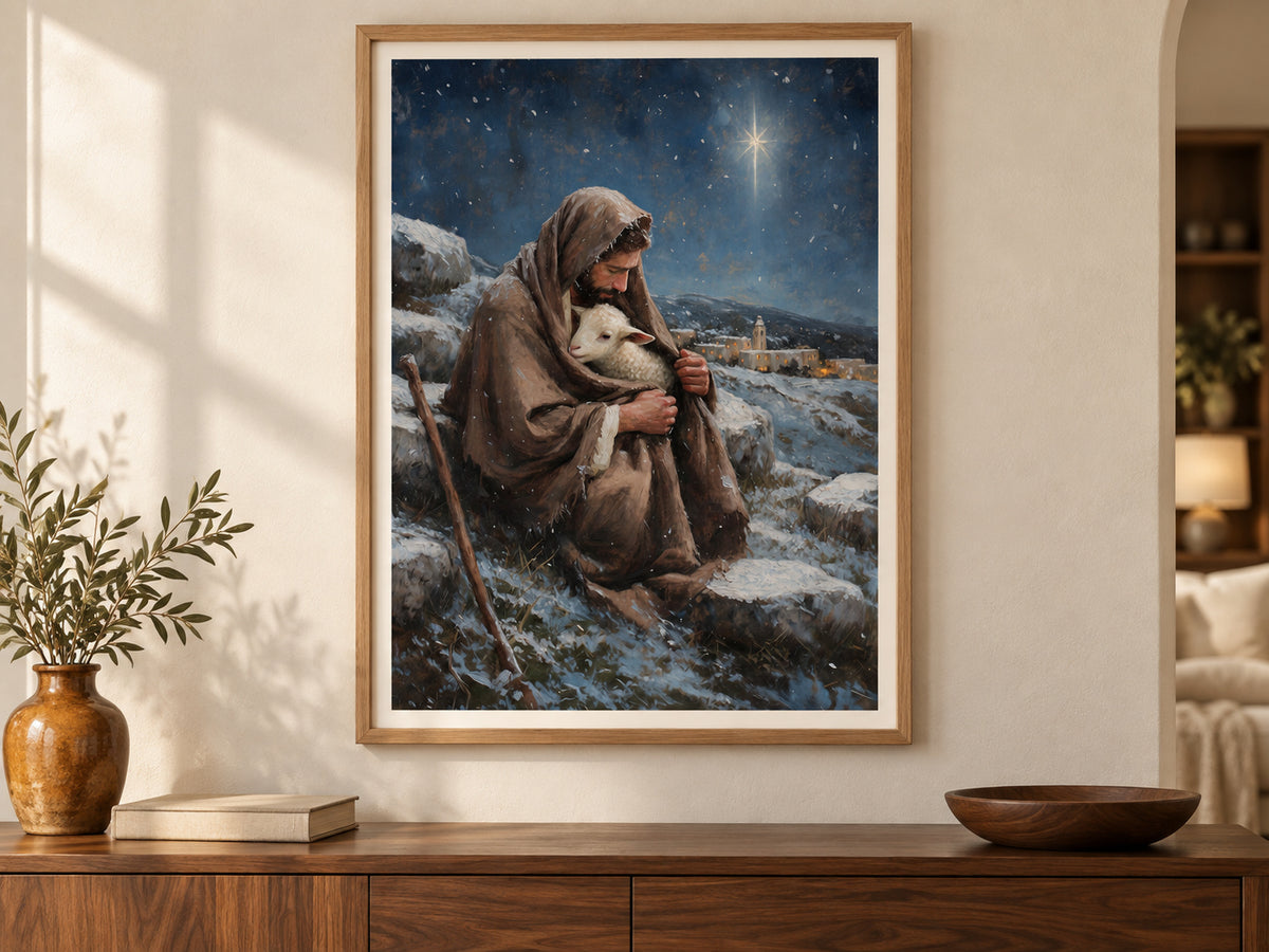 A bearded shepherd holds a white lamb inside his brown cloak on a snowy hillside. A bright star shines in a deep blue sky above a village with warm windows. Shown as a vertical paper print in paper premium oak setting.