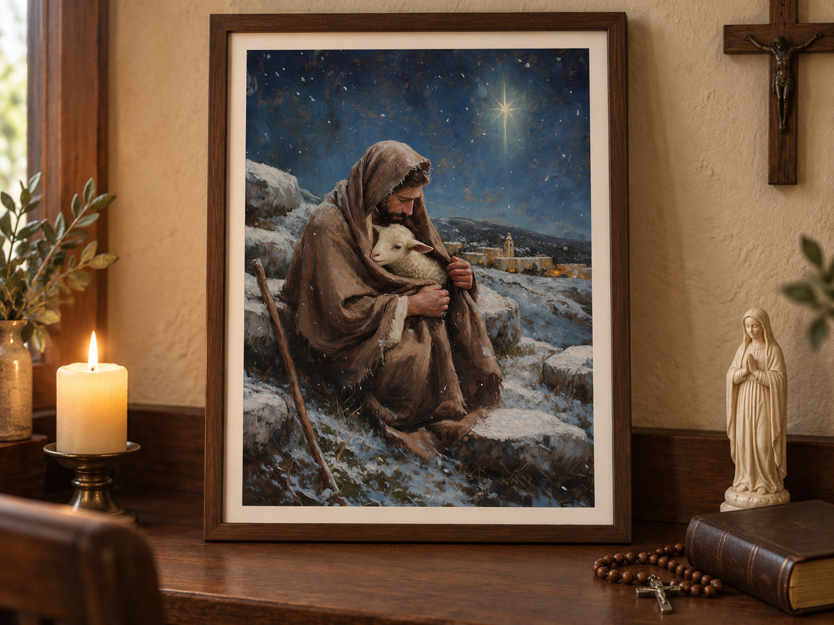 A bearded shepherd holds a white lamb inside his brown cloak on a snowy hillside. A bright star shines in a deep blue sky above a village with warm windows. Shown as a vertical paper print in paper prayer corner setting.