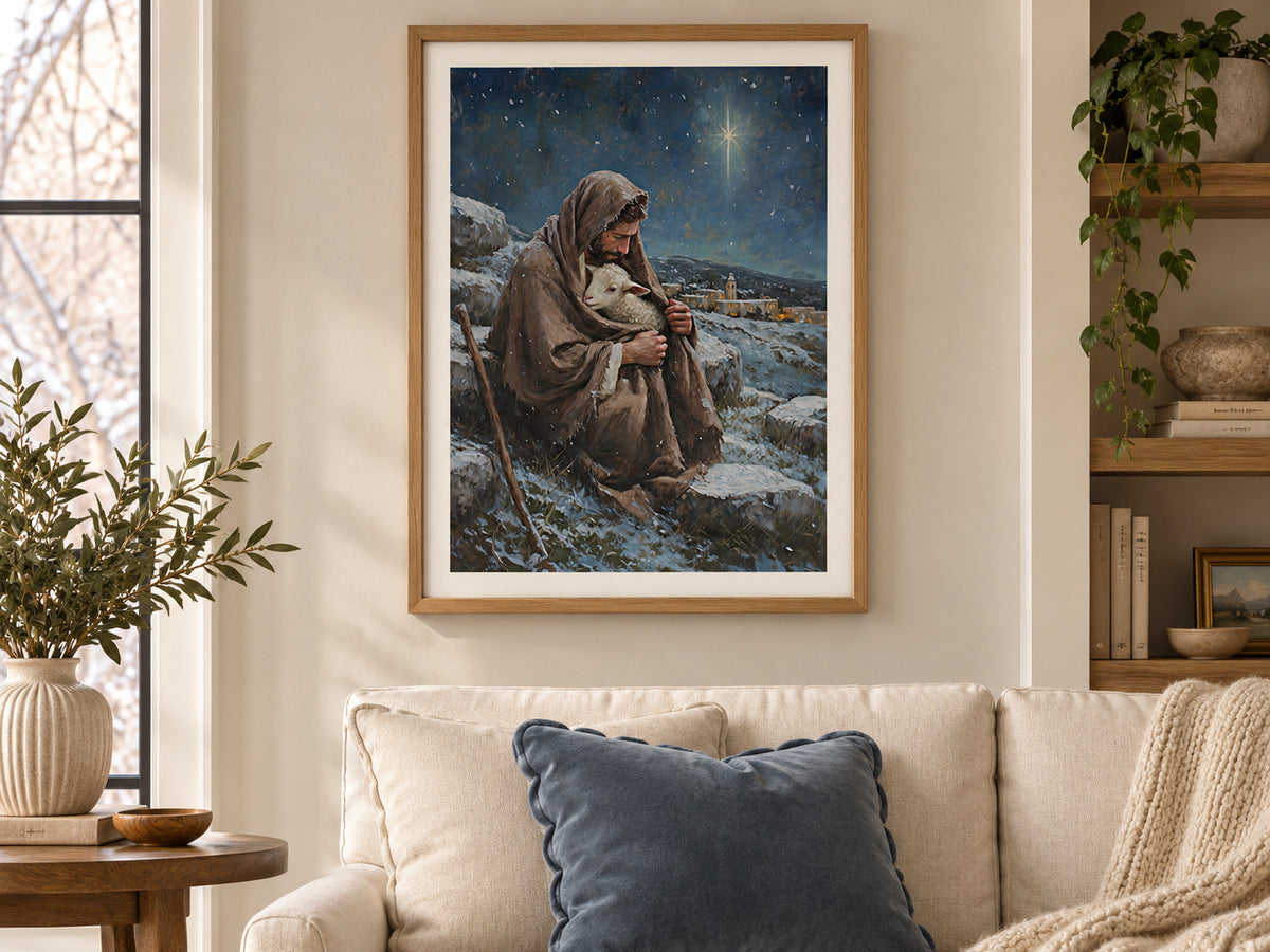 A bearded shepherd holds a white lamb inside his brown cloak on a snowy hillside. A bright star shines in a deep blue sky above a village with warm windows. Shown as a vertical paper print in paper collected linen setting.