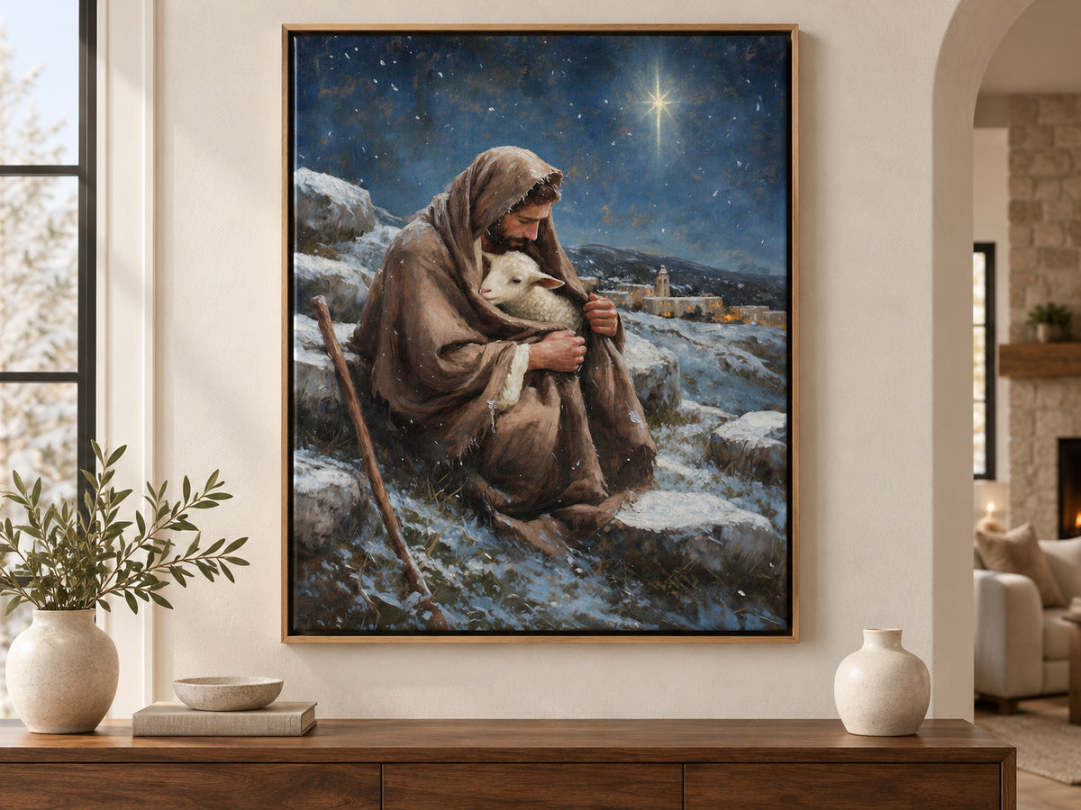 A bearded shepherd holds a white lamb inside his brown cloak on a snowy hillside. A bright star shines in a deep blue sky above a village with warm windows. Shown as a vertical canvas print in canvas premium oak float setting.