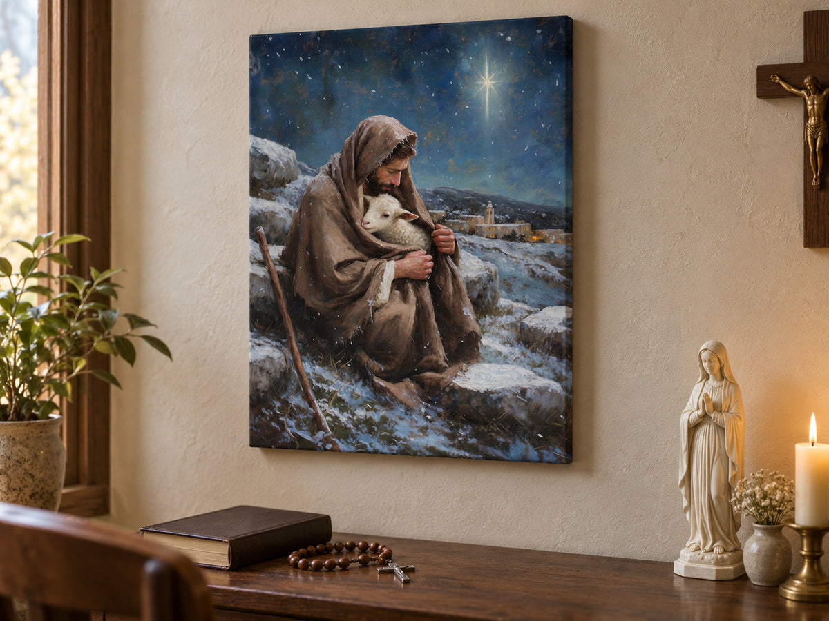 A bearded shepherd holds a white lamb inside his brown cloak on a snowy hillside. A bright star shines in a deep blue sky above a village with warm windows. Shown as a vertical canvas print in canvas prayer corner setting.