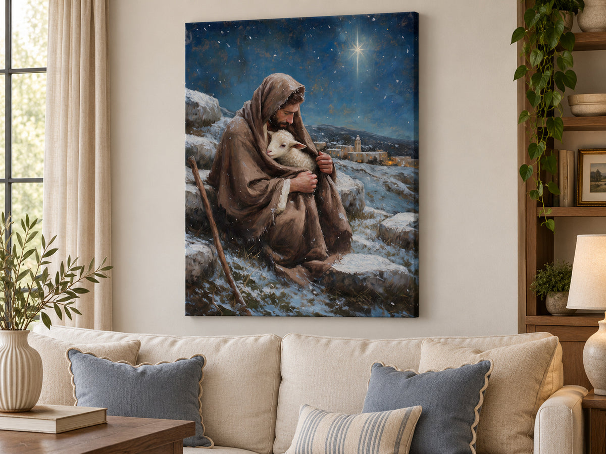 A bearded shepherd holds a white lamb inside his brown cloak on a snowy hillside. A bright star shines in a deep blue sky above a village with warm windows. Shown as a vertical canvas print in canvas collected linen setting.