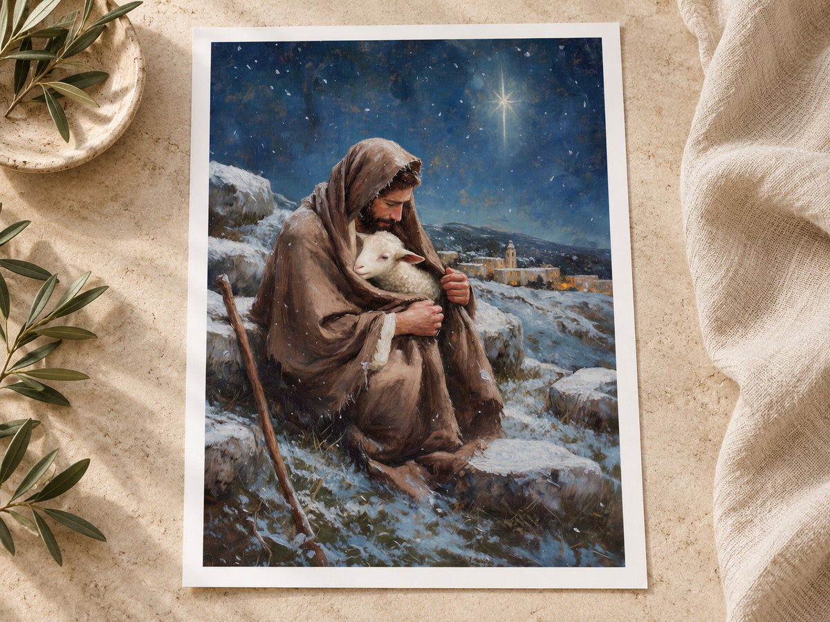 A bearded shepherd holds a white lamb inside his brown cloak on a snowy hillside. A bright star shines in a deep blue sky above a village with warm windows. Shown as a vertical paper print in paper unframed warm white margin setting.