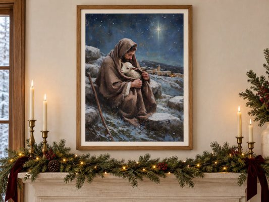 A bearded shepherd holds a white lamb inside his brown cloak on a snowy hillside. A bright star shines in a deep blue sky above a village with warm windows. Shown as a vertical paper print in christmas paper evergreen mantel setting.